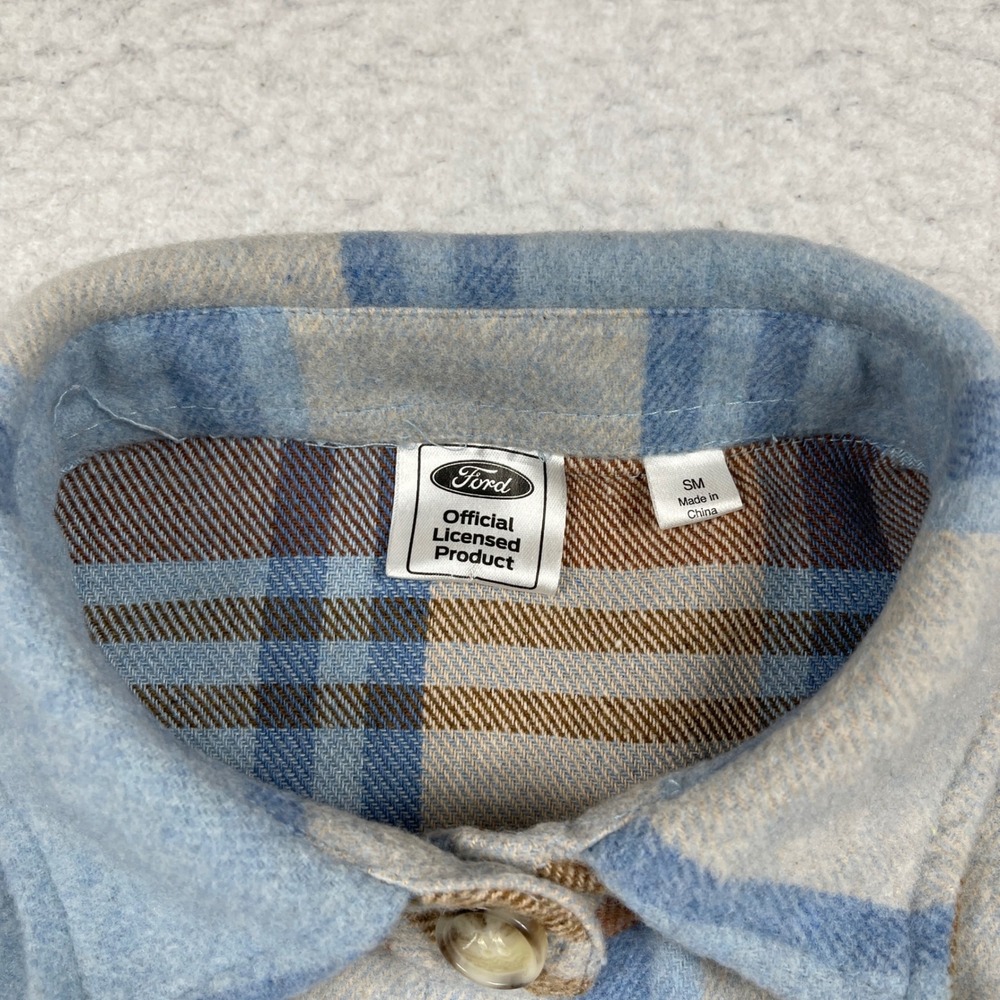 Ford Bronco Flannel Shirt Womens Small Blue Brown Plaid Graphic Back Shacket - Picture 6 of 12